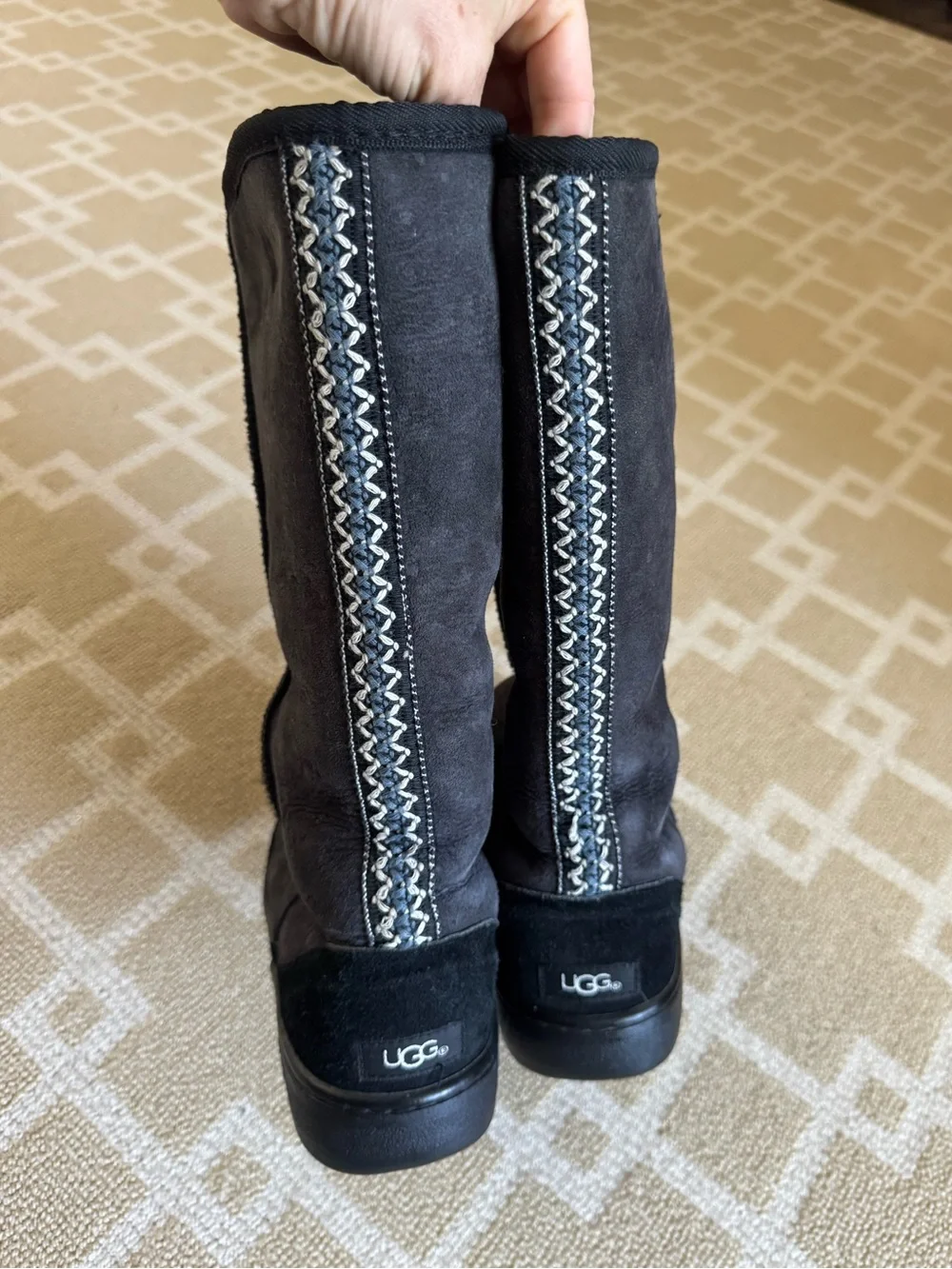 UGG Ultra Tall Revival Tasman Braid Suede Shearling Boots Black Size 10
